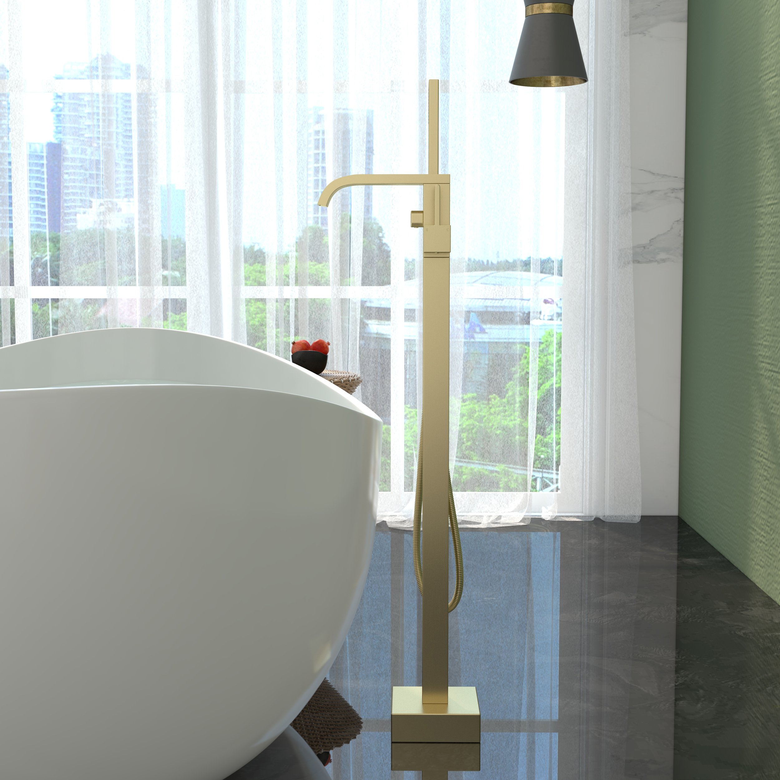 HMR - Dree Floor Mounted Faucet with Handheld Shower in Brushed Nickel, Brass