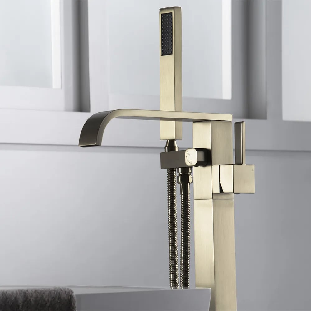 HMR - Dree Floor Mounted Faucet with Handheld Shower in Brushed Nickel, Brass