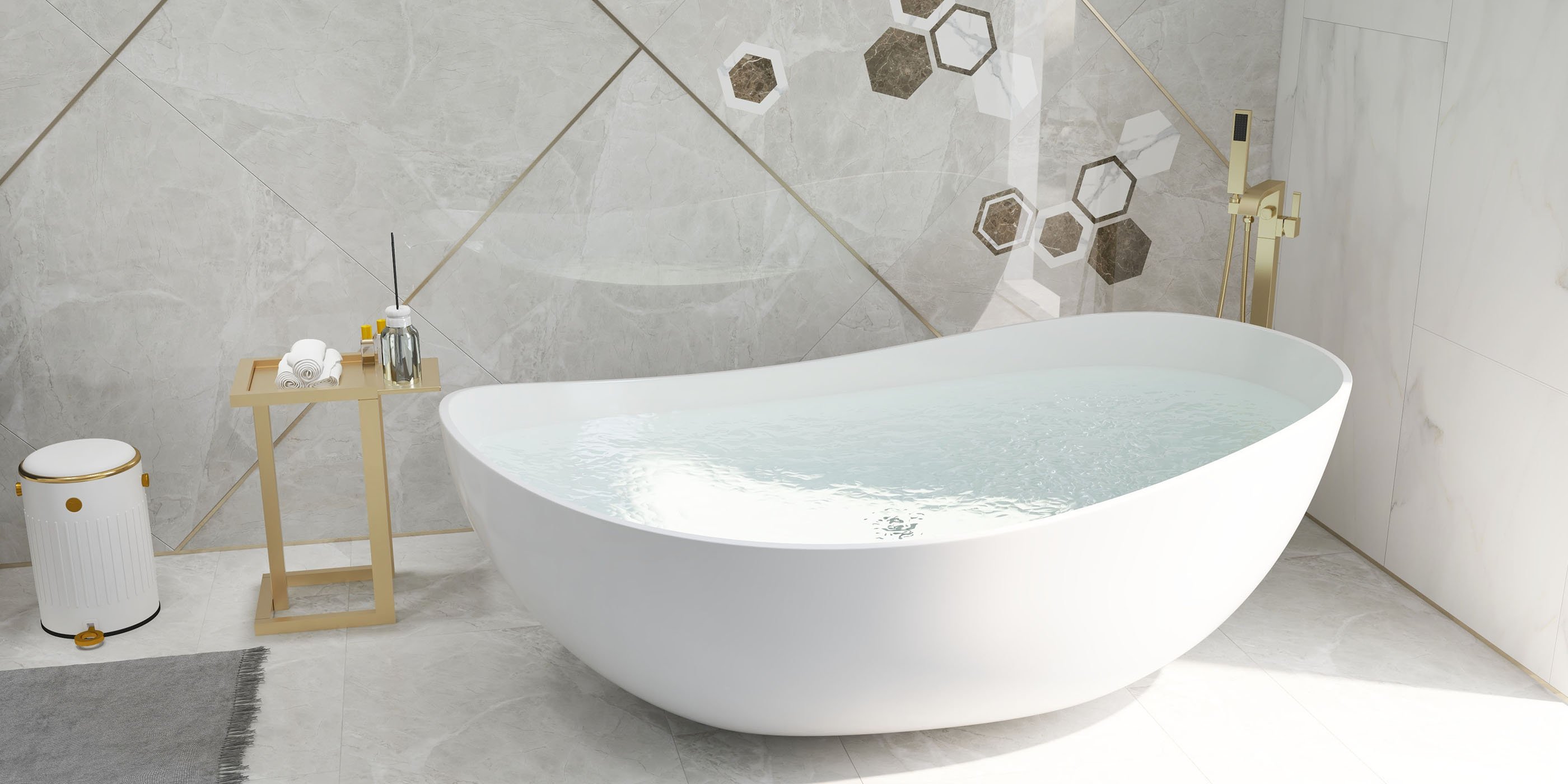 HMR - Dree Floor Mounted Faucet with Handheld Shower in Brushed Nickel, Brass
