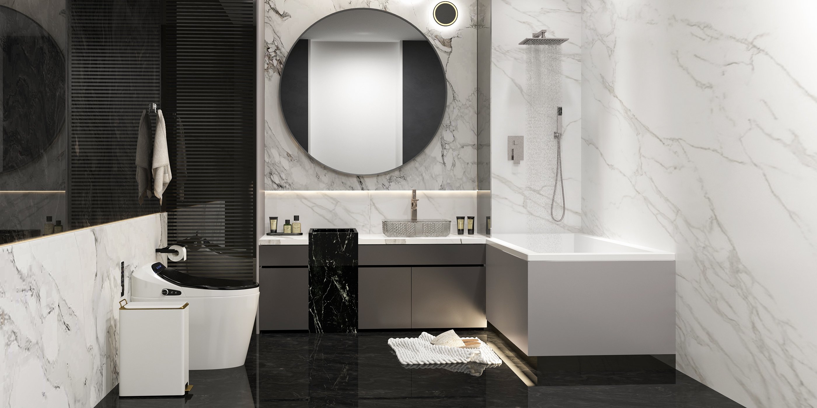 HMR - Wall Mount Square Showerhead and Hand Shower System in with LED