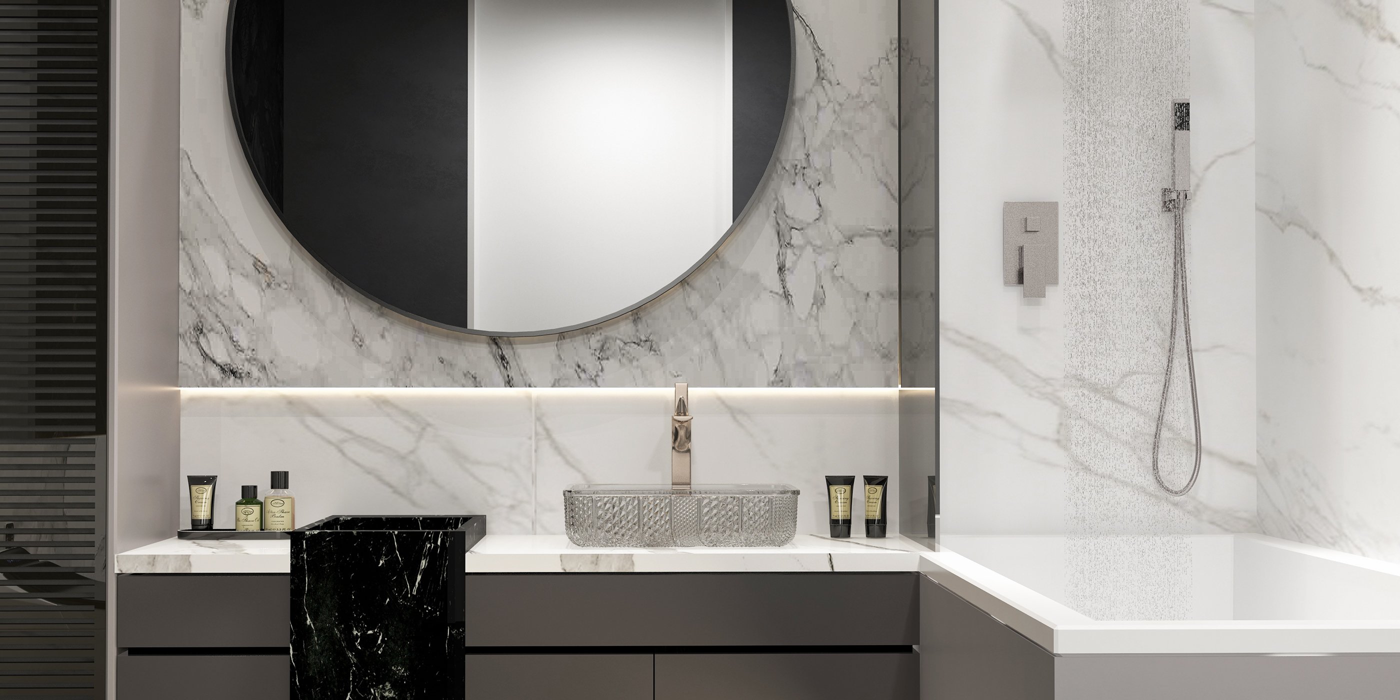 HMR - Wall Mount Square Showerhead and Hand Shower System in with LED