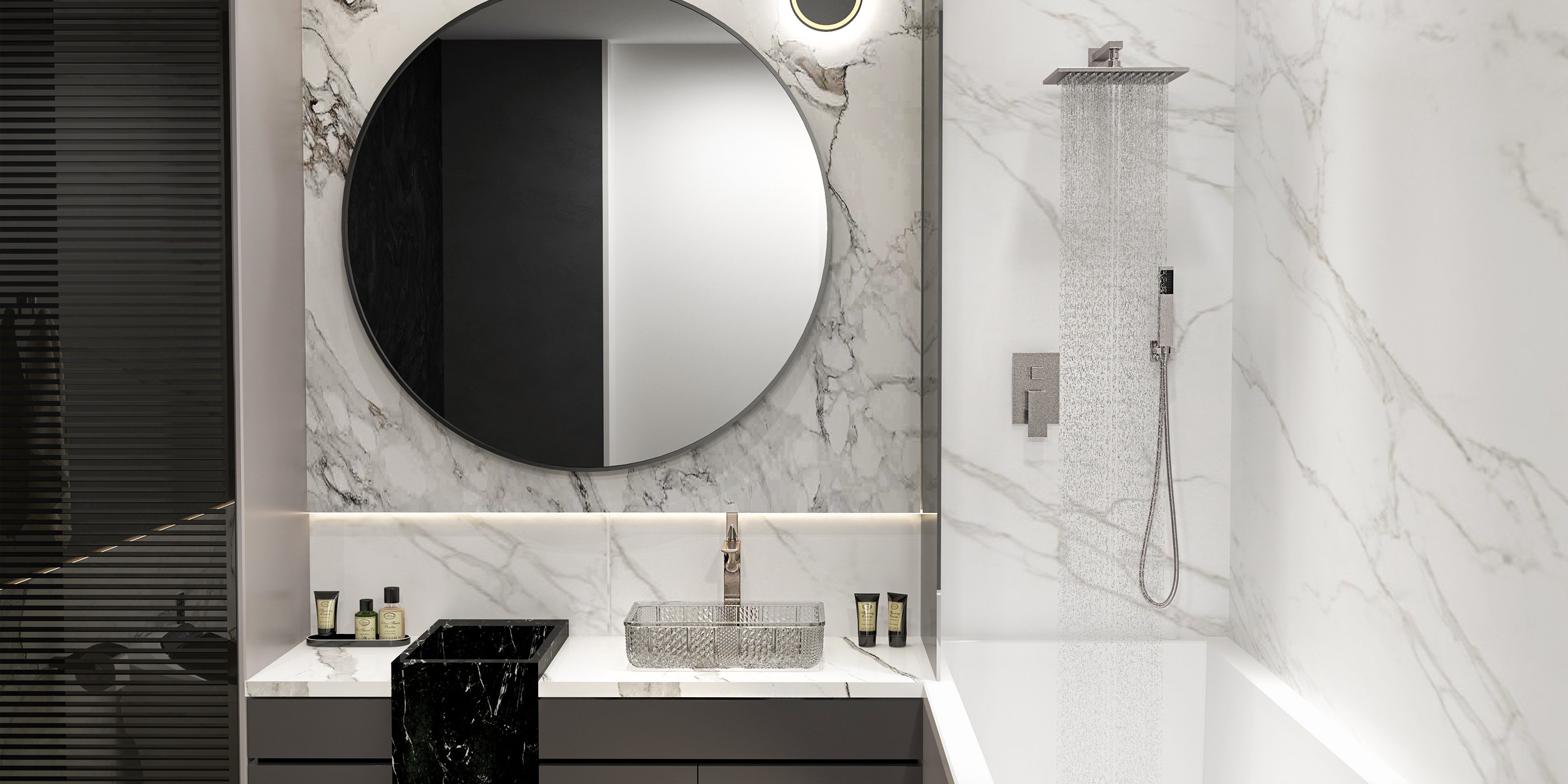 HMR - Wall Mount Square Showerhead and Hand Shower System in with LED