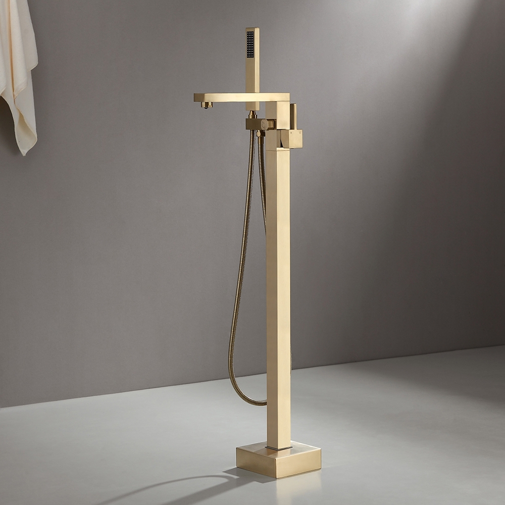 HMR - Dree Tub Filler Floor Mount Faucet with Hand Shower in Brushed Gold