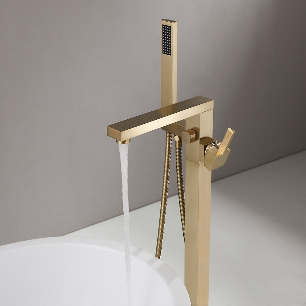 HMR - Dree Tub Filler Floor Mount Faucet with Hand Shower in Brushed Gold