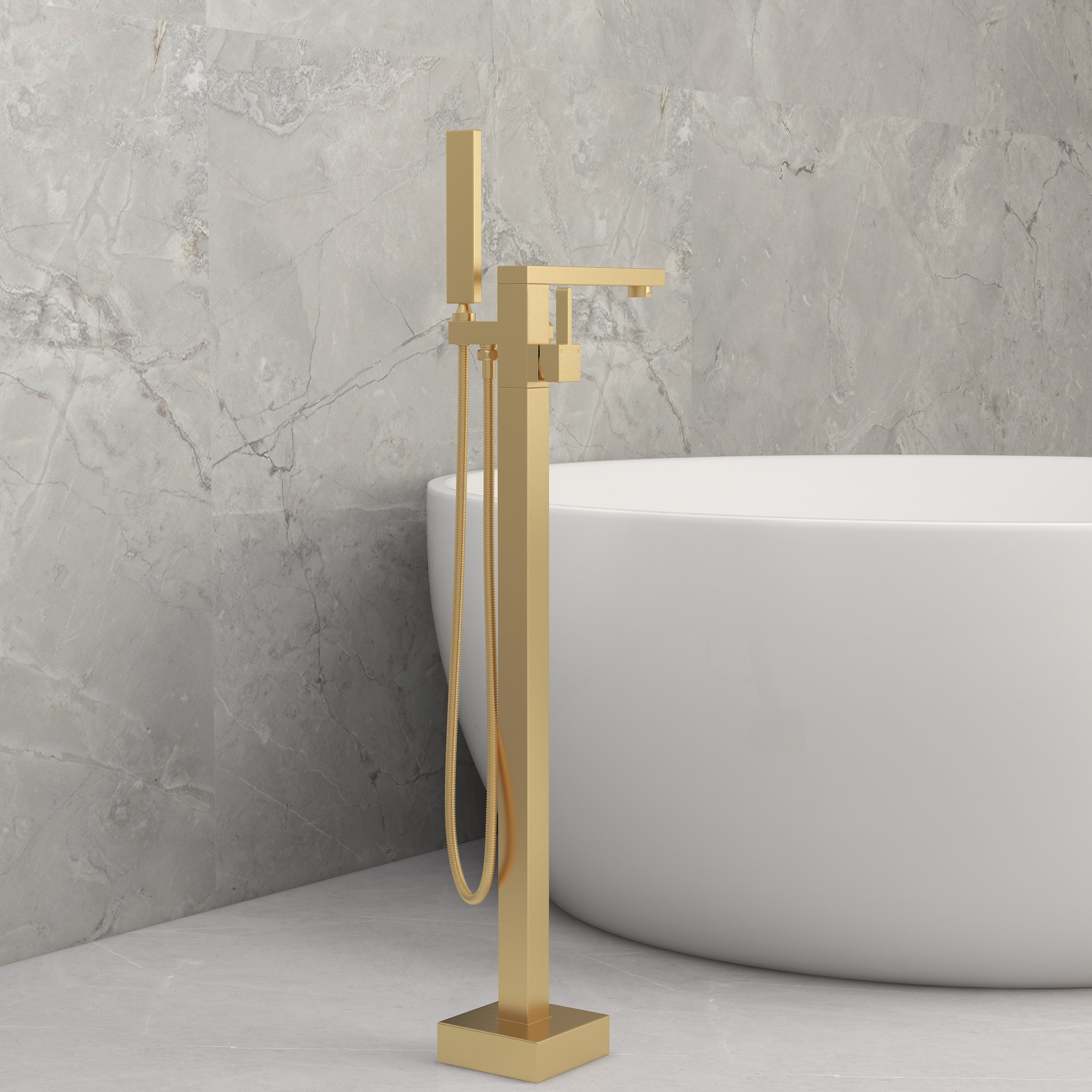HMR - Dree Tub Filler Floor Mount Faucet with Hand Shower in Brushed Gold