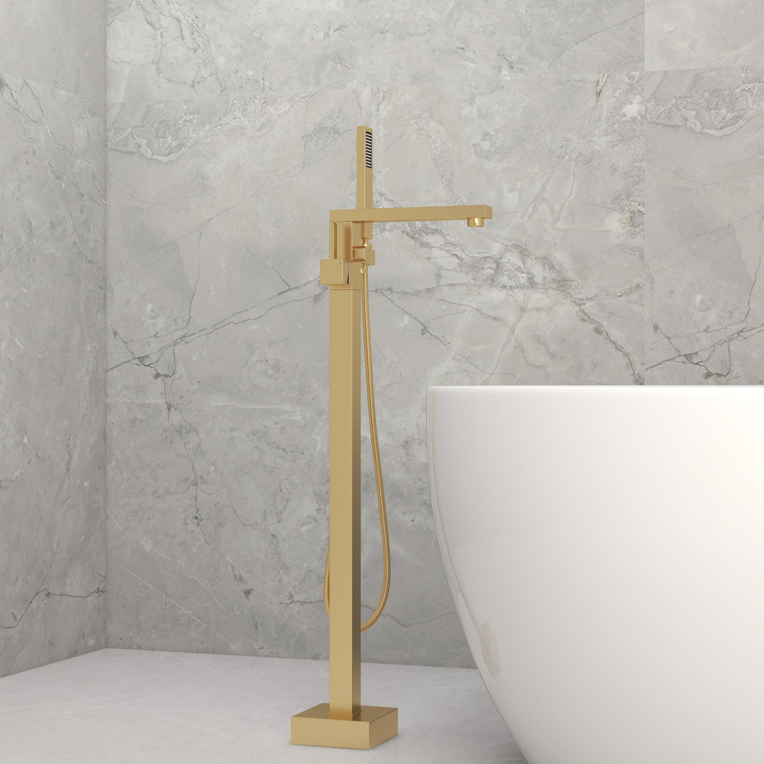 HMR - Dree Tub Filler Floor Mount Faucet with Hand Shower in Brushed Gold