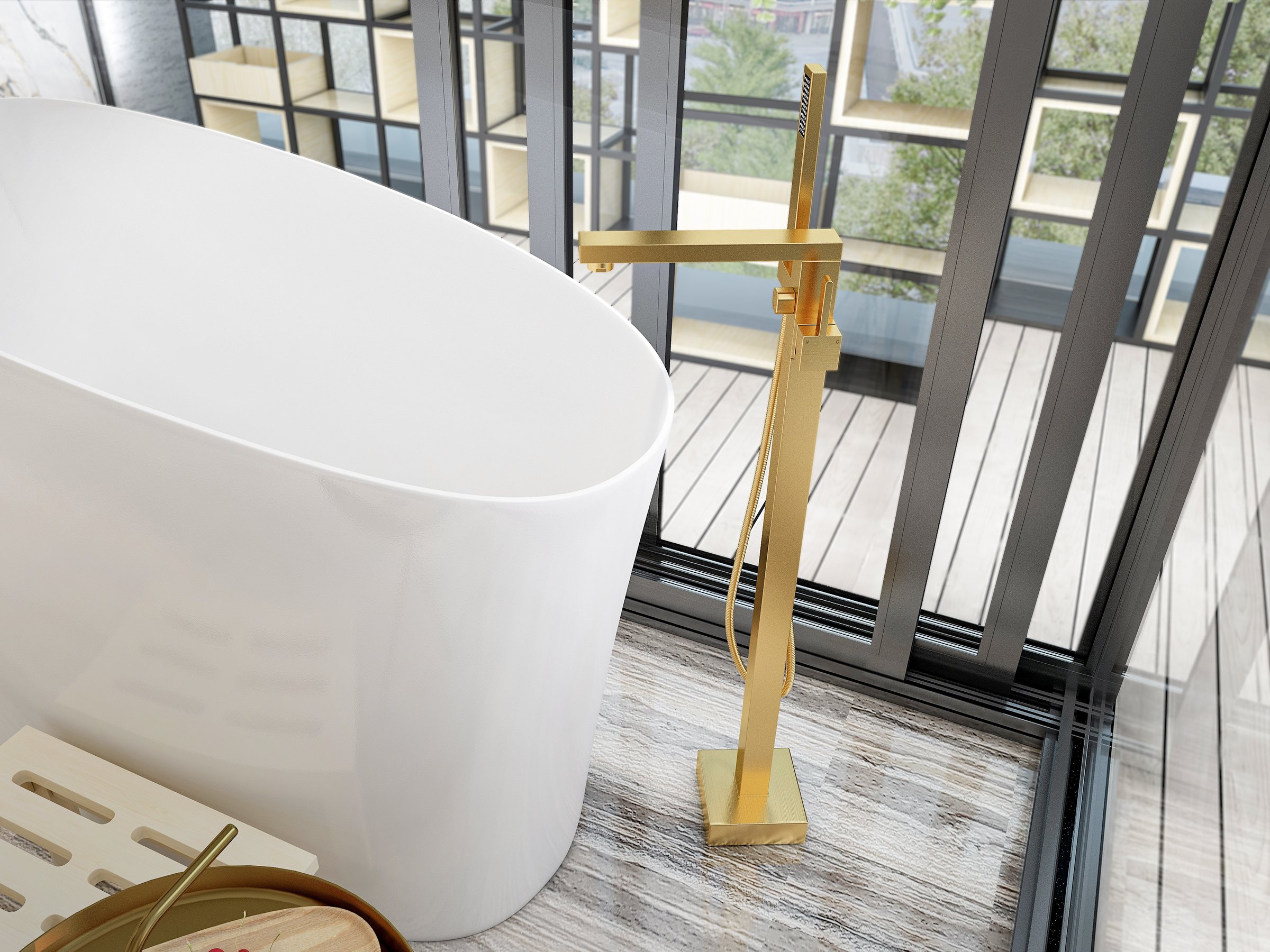 HMR - Dree Tub Filler Floor Mount Faucet with Hand Shower in Brushed Gold