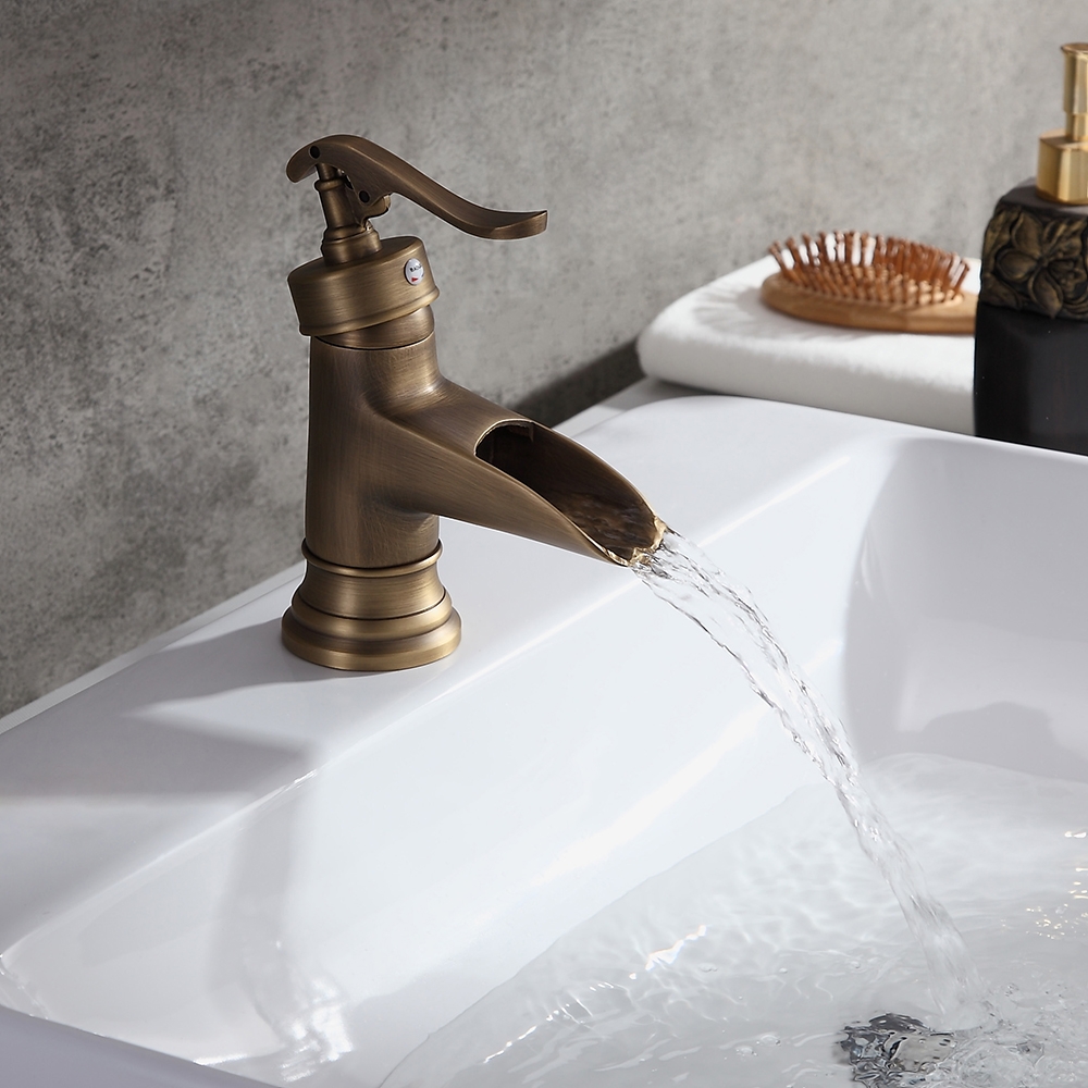HMR - Single Hole Waterfall Bathroom Sink Faucet Solid Brass in Antique Brass