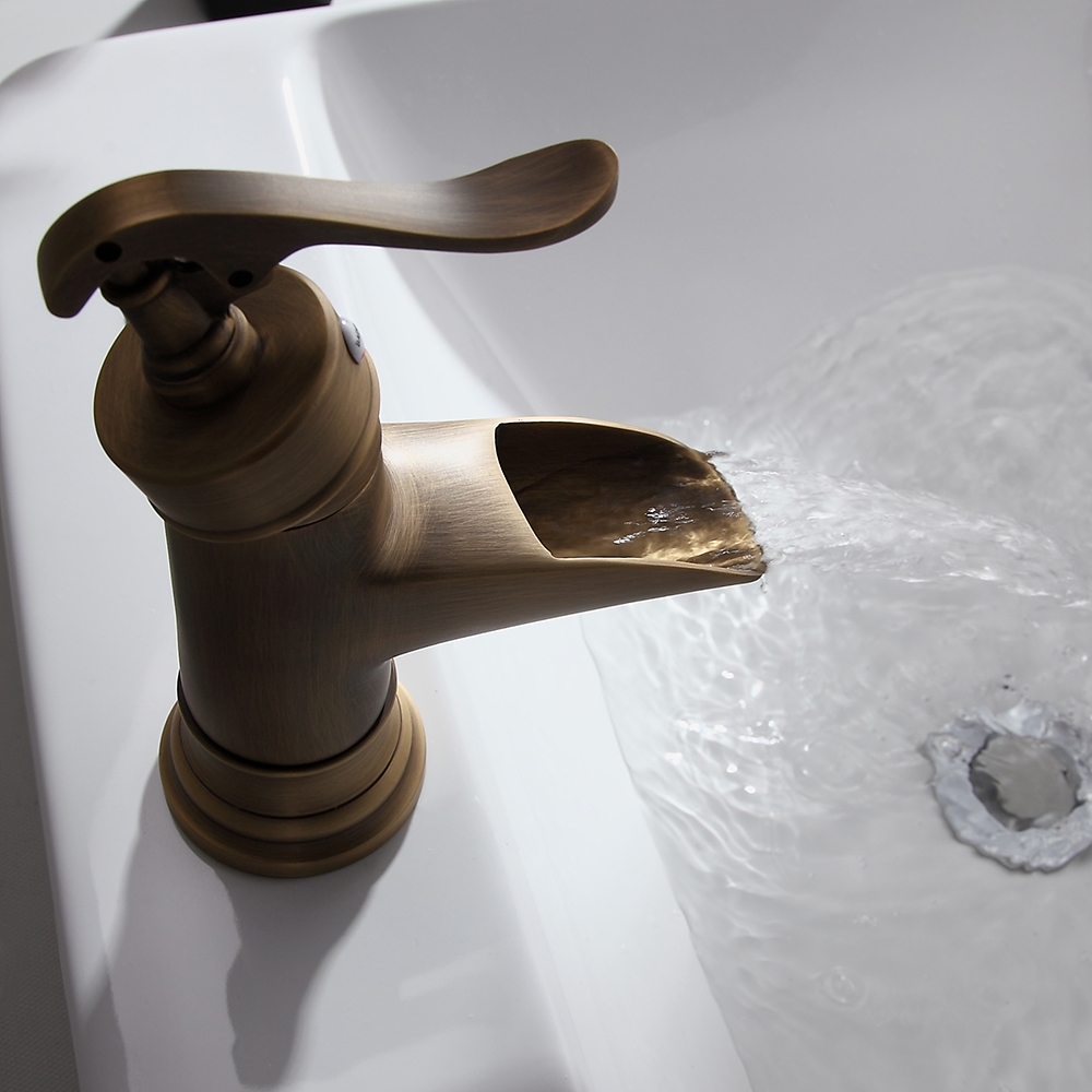 HMR - Single Hole Waterfall Bathroom Sink Faucet Solid Brass in Antique Brass