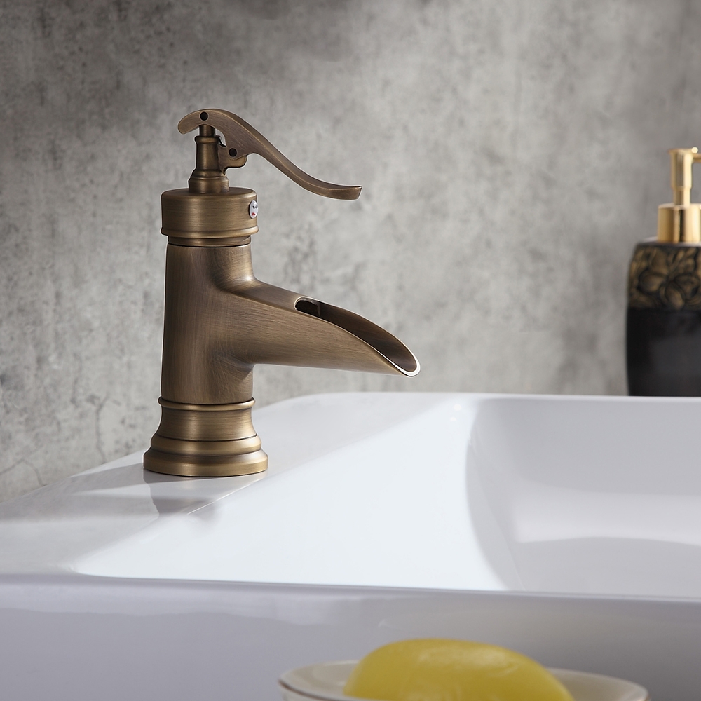 HMR - Single Hole Waterfall Bathroom Sink Faucet Solid Brass in Antique Brass