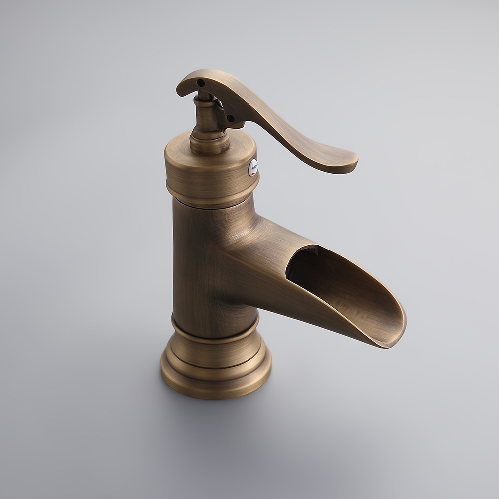 HMR - Single Hole Waterfall Bathroom Sink Faucet Solid Brass in Antique Brass