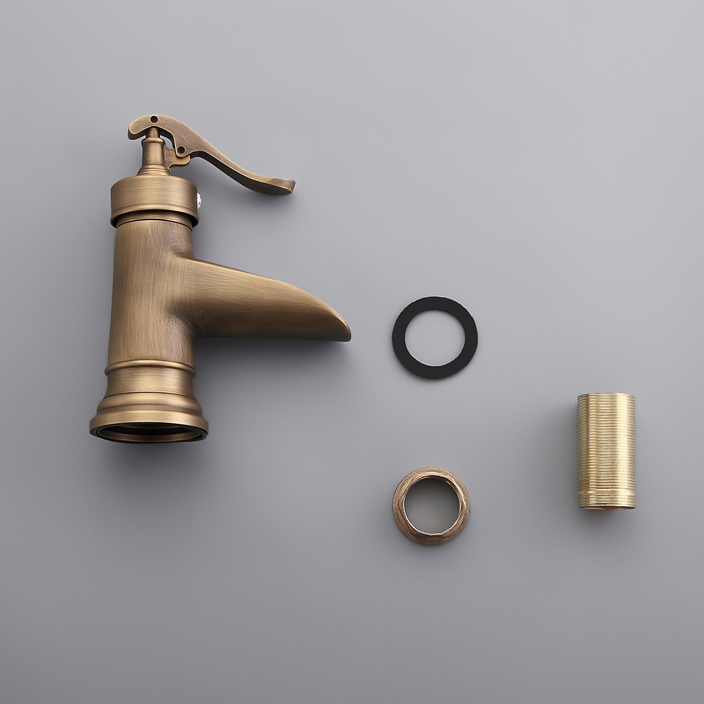 HMR - Single Hole Waterfall Bathroom Sink Faucet Solid Brass in Antique Brass