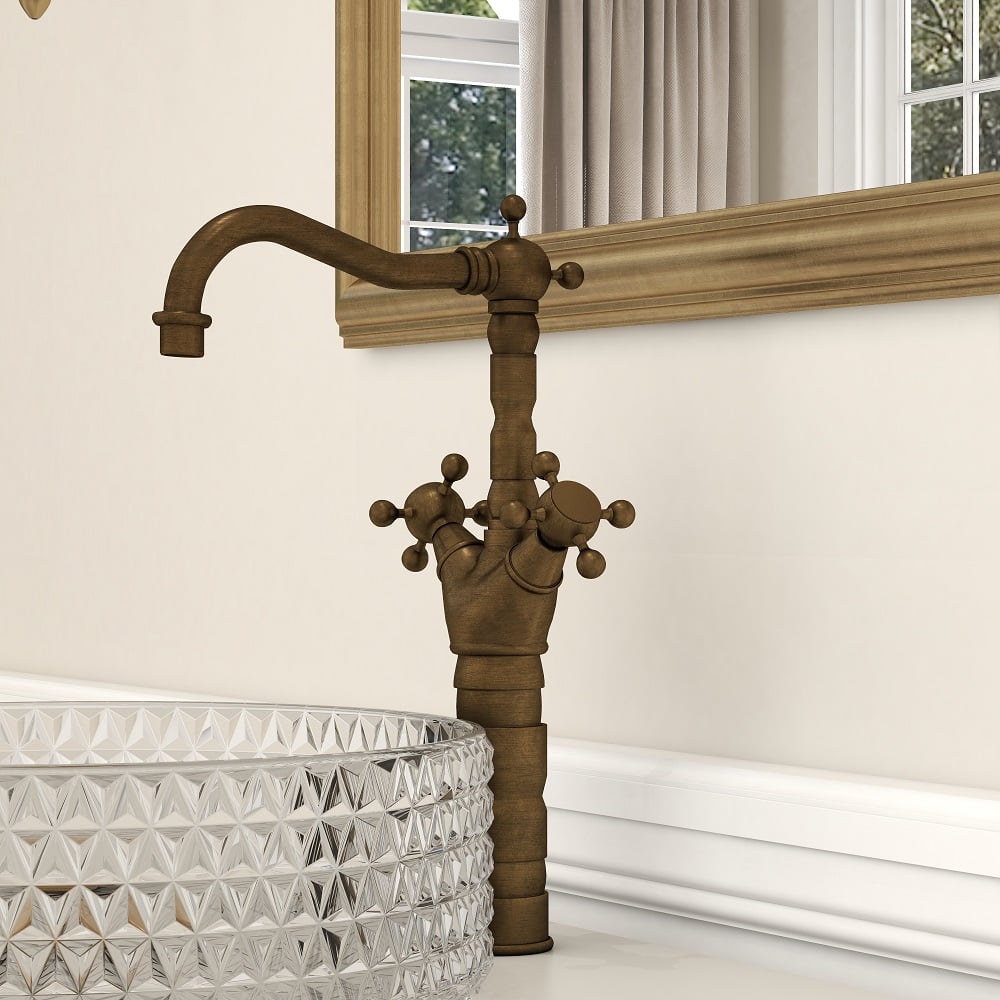 HMR - Classic Style Double Cross Handle Bathroom Faucet in Antique Brass