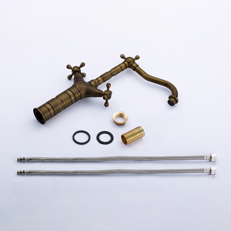 HMR - Classic Style Double Cross Handle Bathroom Faucet in Antique Brass