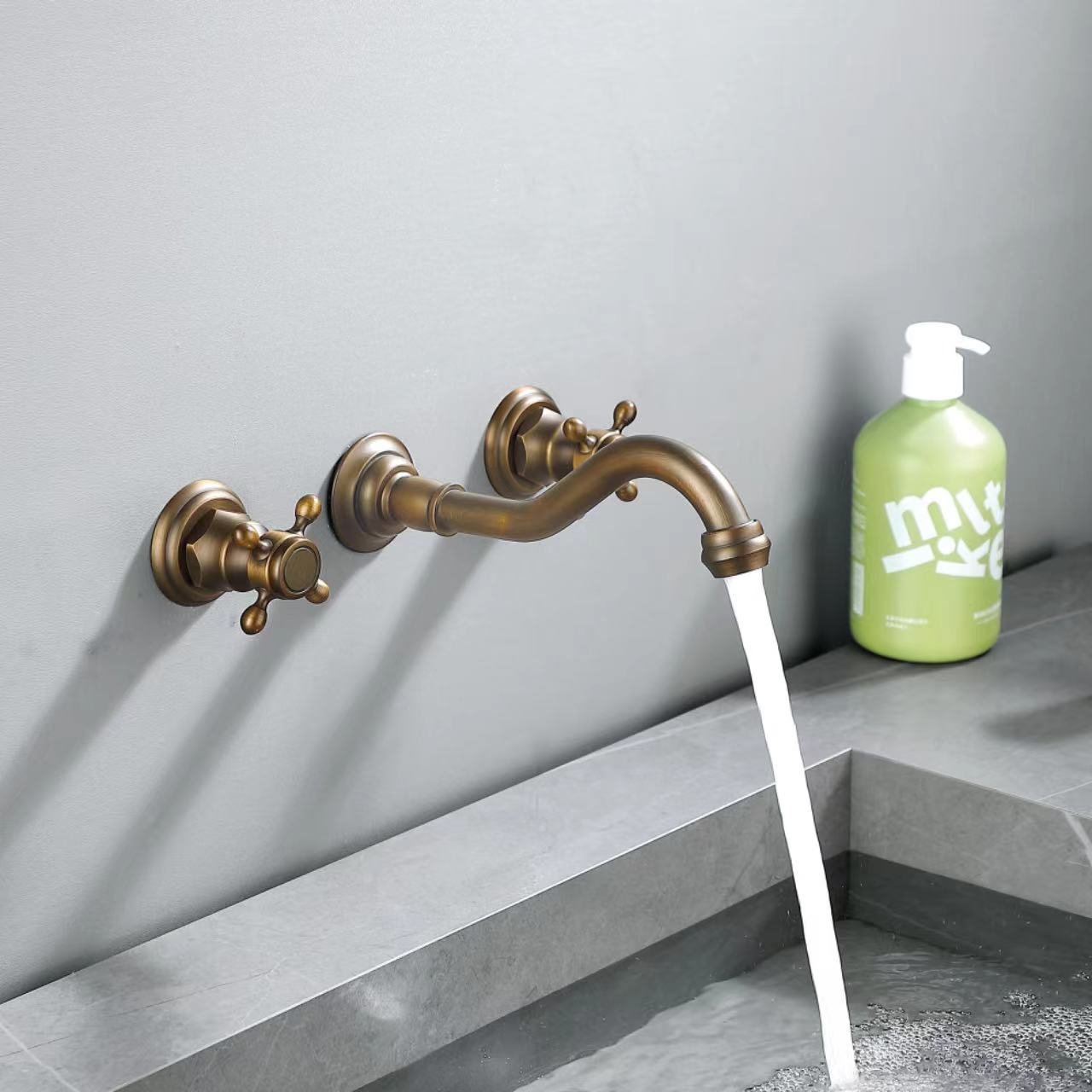 HMR - Wall Mount Bathroom Sink Faucet with 2 Cross Handles in Antique Brass