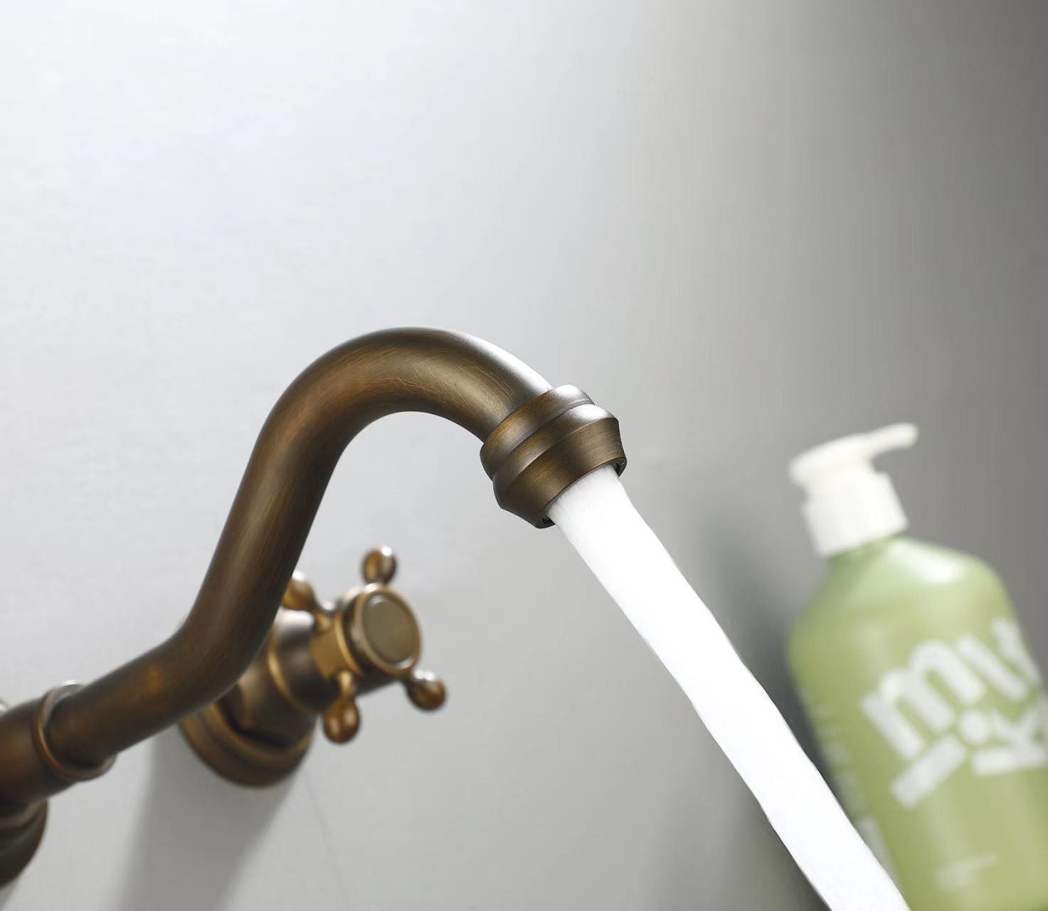 HMR - Wall Mount Bathroom Sink Faucet with 2 Cross Handles in Antique Brass