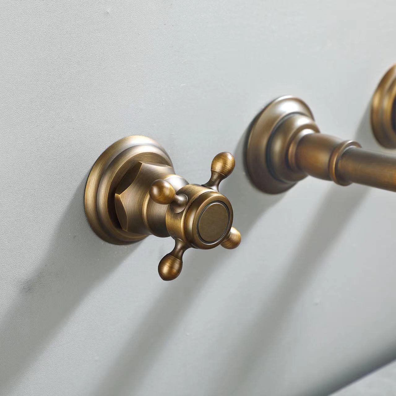 HMR - Wall Mount Bathroom Sink Faucet with 2 Cross Handles in Antique Brass