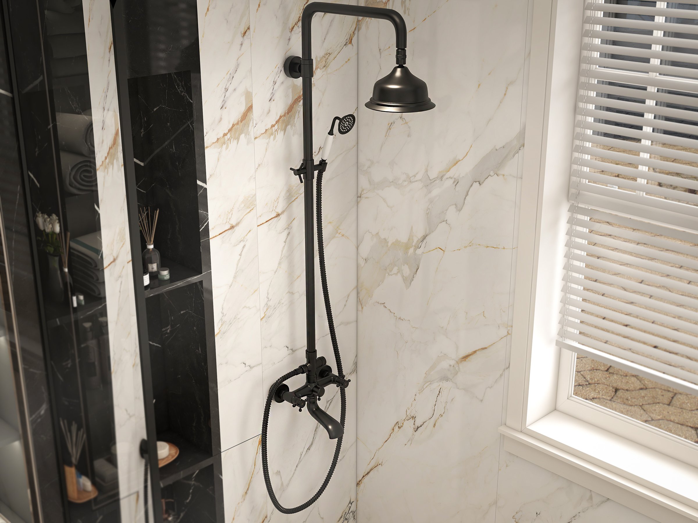 HMR - Vintage Bathroom Rainfall Shower System Handheld Shower in Antique Black