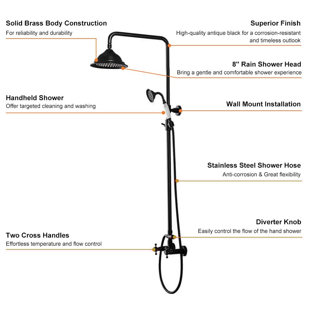 HMR - Chester Rainfall Showerhead with Handheld Shower and Exposed Shower System in Antique Black