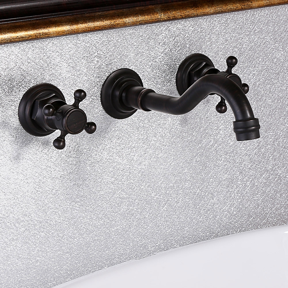 HMR - Chester Wall Mount Sink Faucet Double Cross Handle in Black, Brass