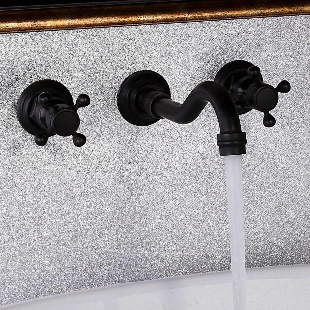 HMR - Chester Wall Mount Sink Faucet Double Cross Handle in Black, Brass