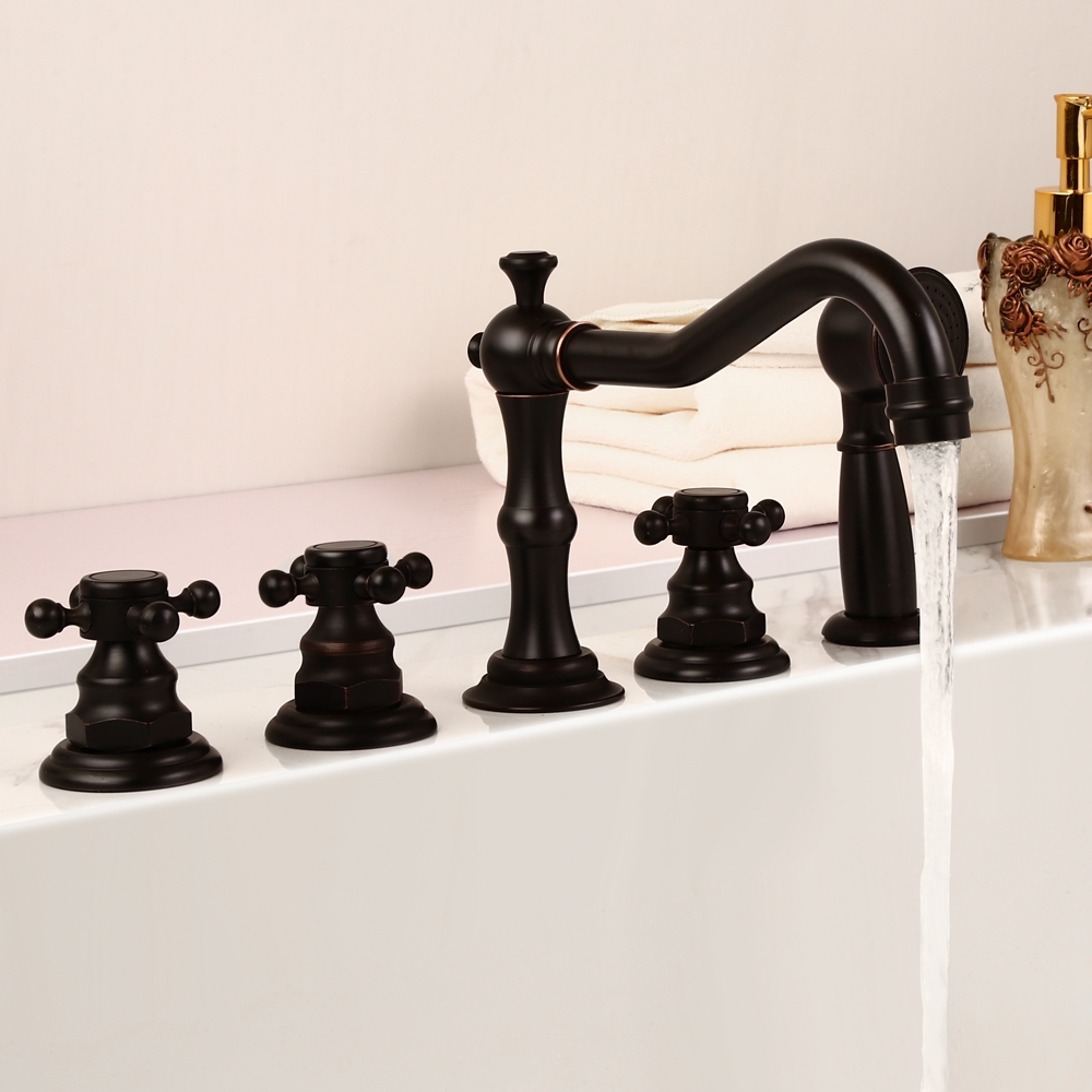 HMR - Chester Triple Cross Handles Deck Mounted Faucet in Black, Brass