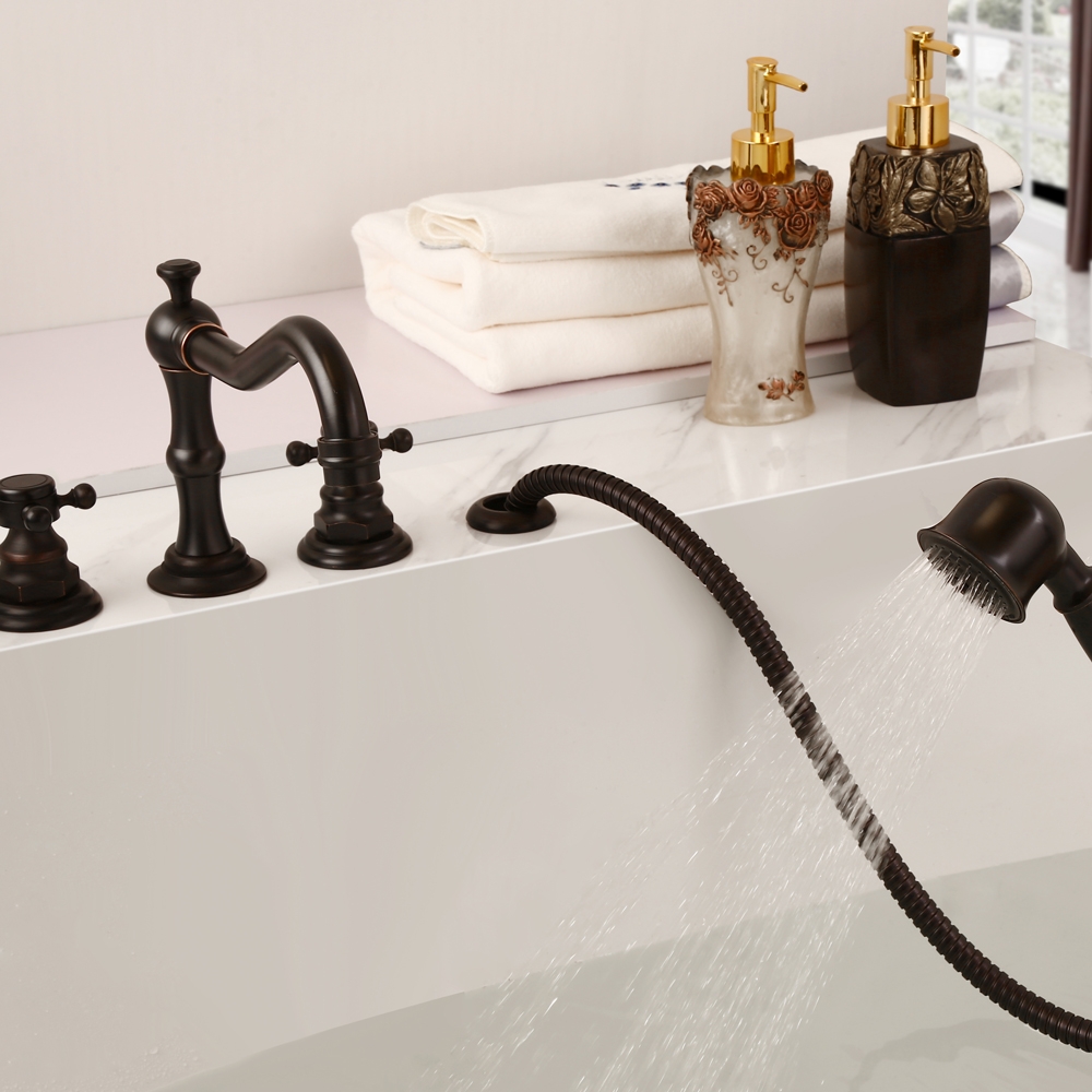 HMR - Chester Triple Cross Handles Deck Mounted Faucet in Black, Brass