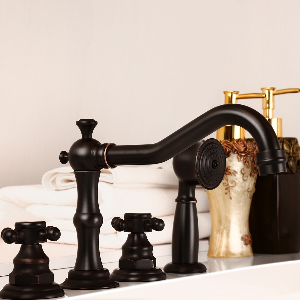 HMR - Chester Triple Cross Handles Deck Mounted Faucet in Black, Brass