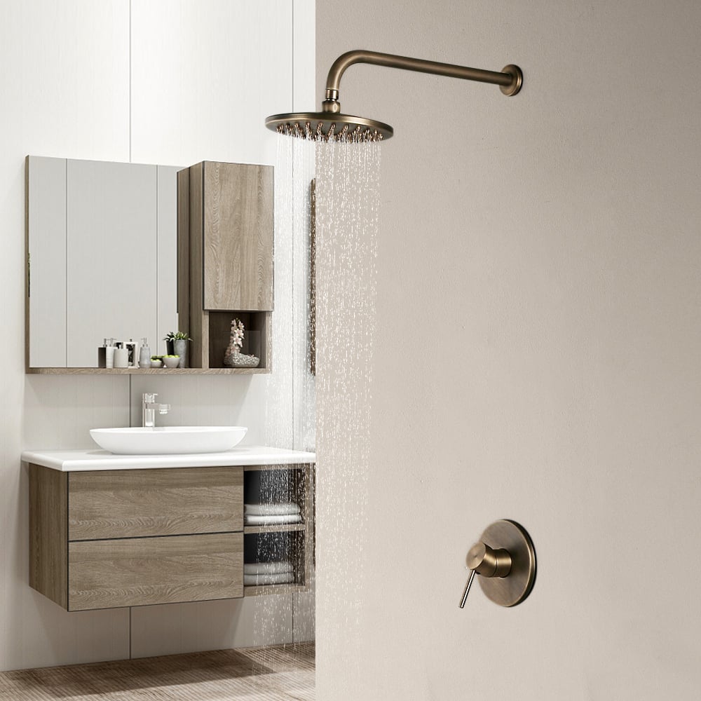 HMR - Round Rain Showerhead Wall Mount Shower System in Antique Brass