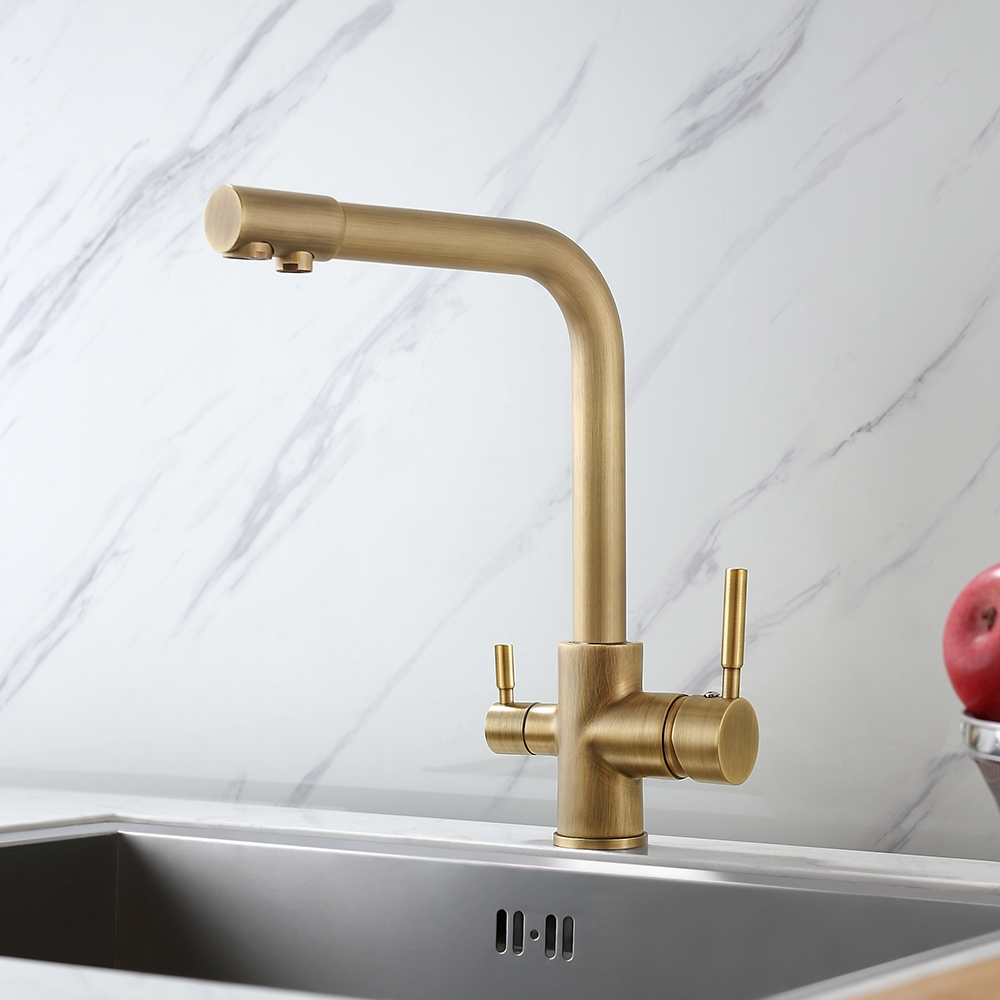 HMR - Stev Single Hole Dual Handle Kitchen Faucet with Water Filtering in Antique Brass