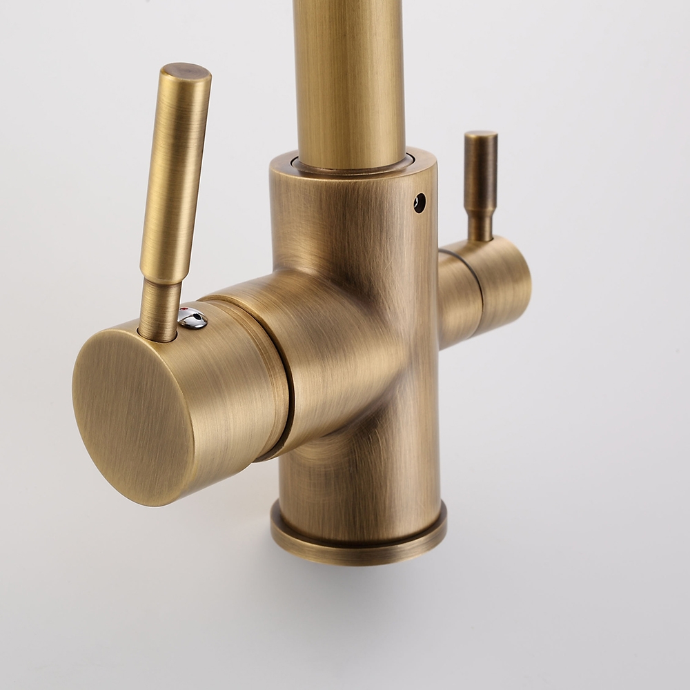 HMR - Stev Single Hole Dual Handle Kitchen Faucet with Water Filtering in Antique Brass