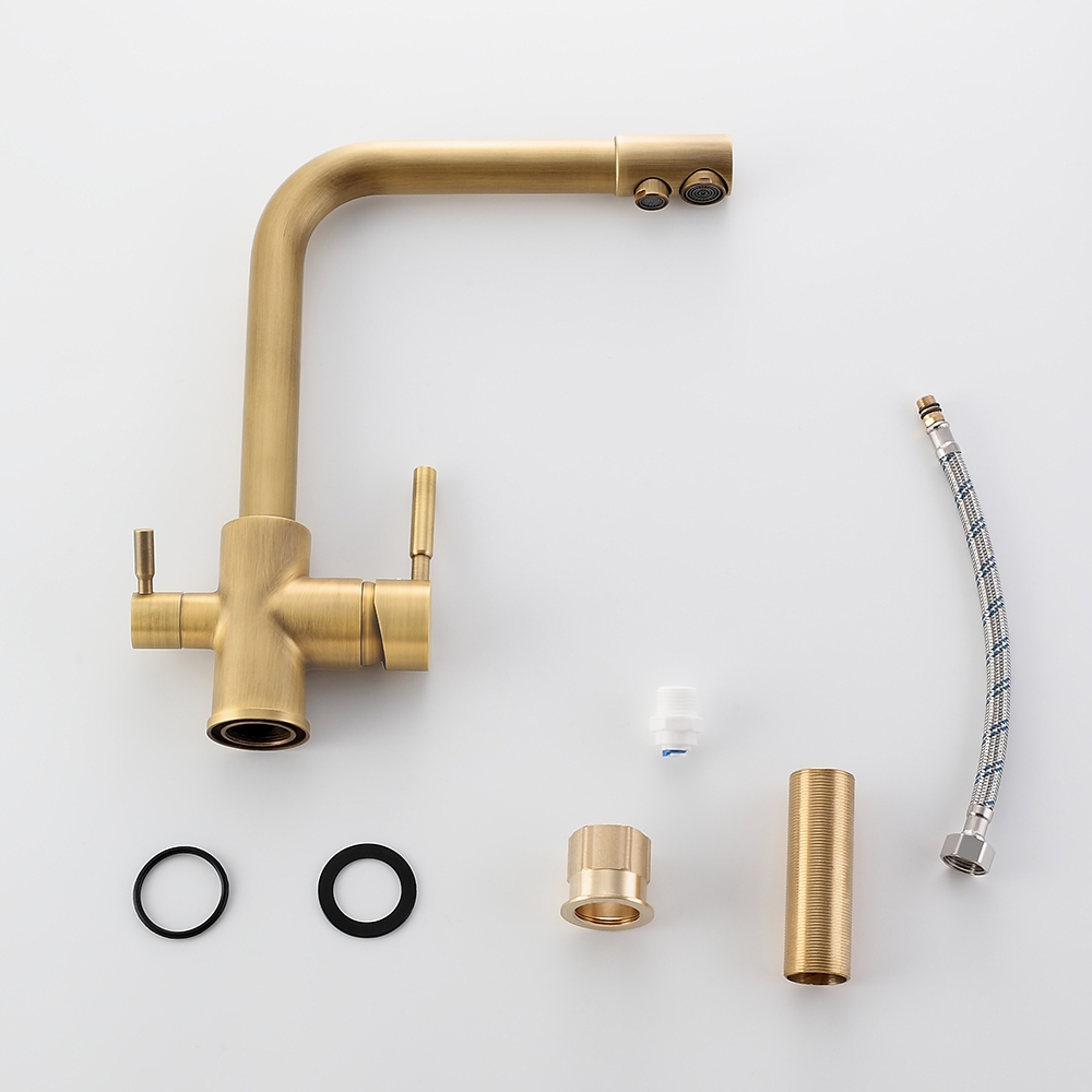 HMR - Stev Single Hole Dual Handle Kitchen Faucet with Water Filtering in Antique Brass