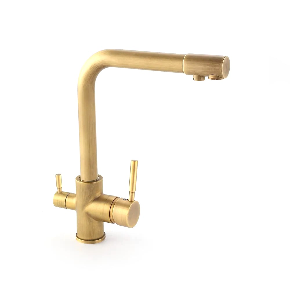 HMR - Stev Single Hole Dual Handle Kitchen Faucet with Water Filtering in Antique Brass