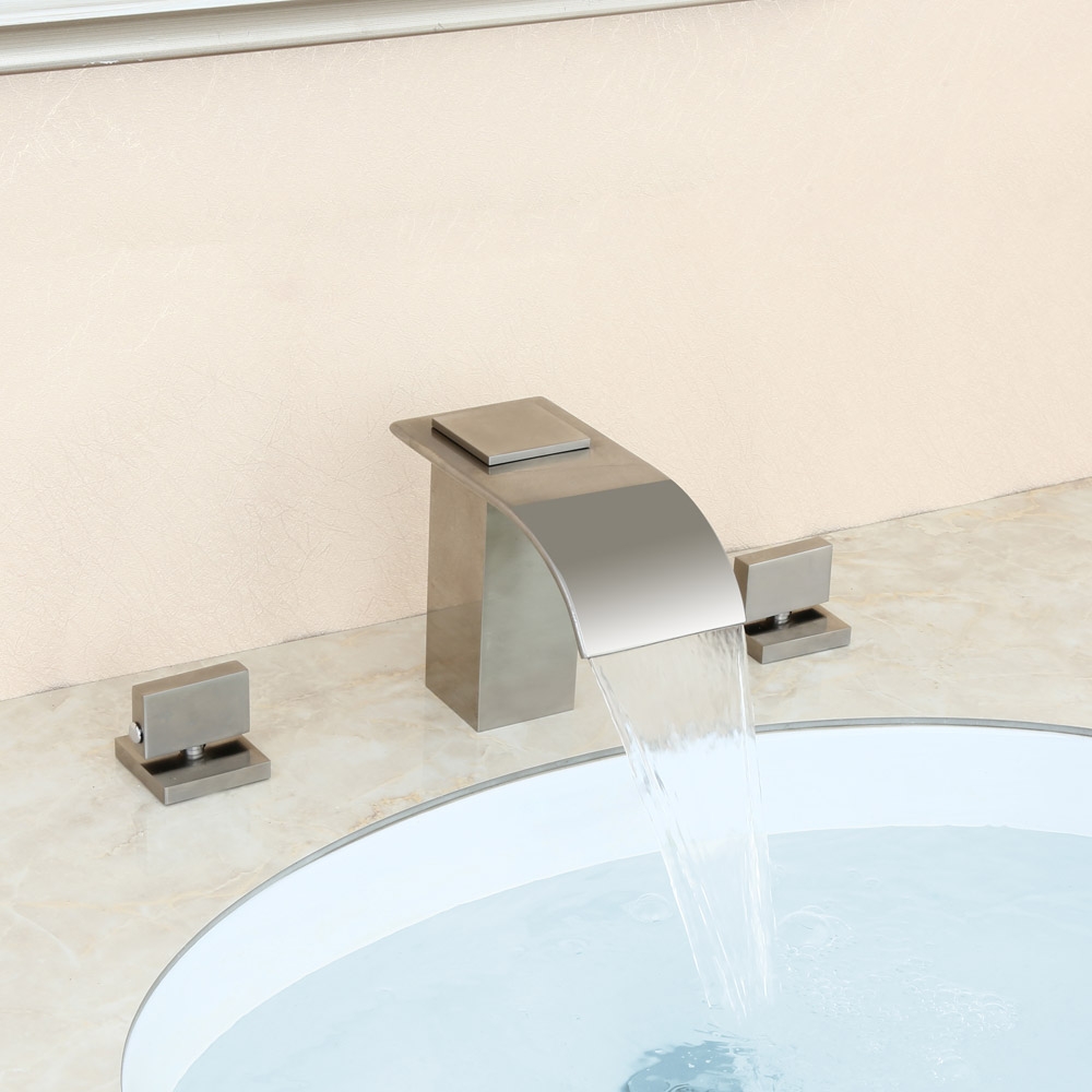 HMR - Double Knob Handle Widespread Brass Bathroom Sink Faucet in Brushed Nickel