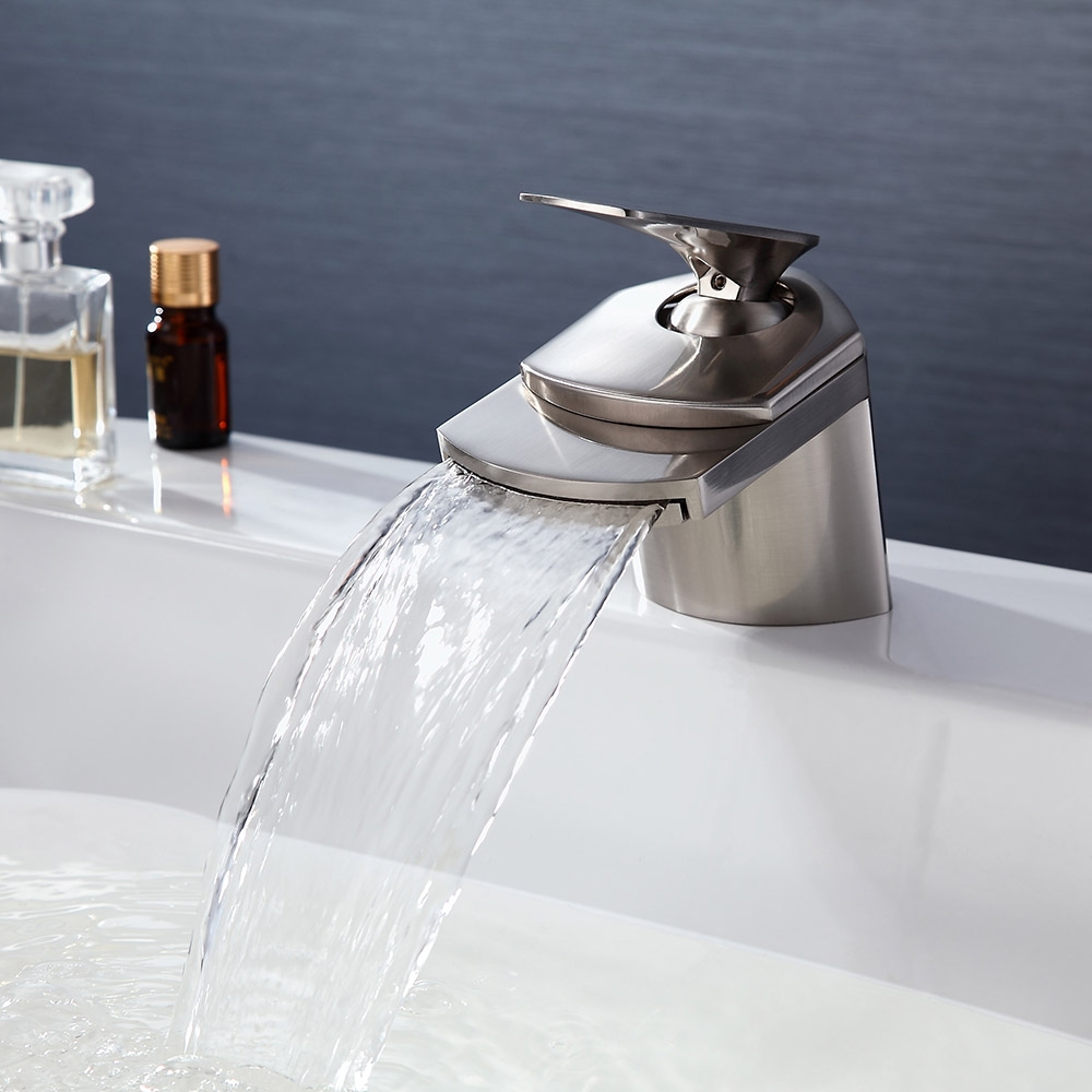 HMR - Modern 1-Hole Waterfall Bathroom Sink Faucet in Brushed Nickel and Solid Brass