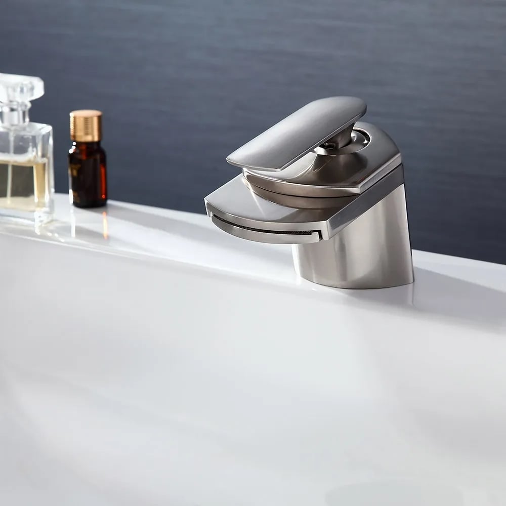 HMR - Modern 1-Hole Waterfall Bathroom Sink Faucet in Brushed Nickel and Solid Brass