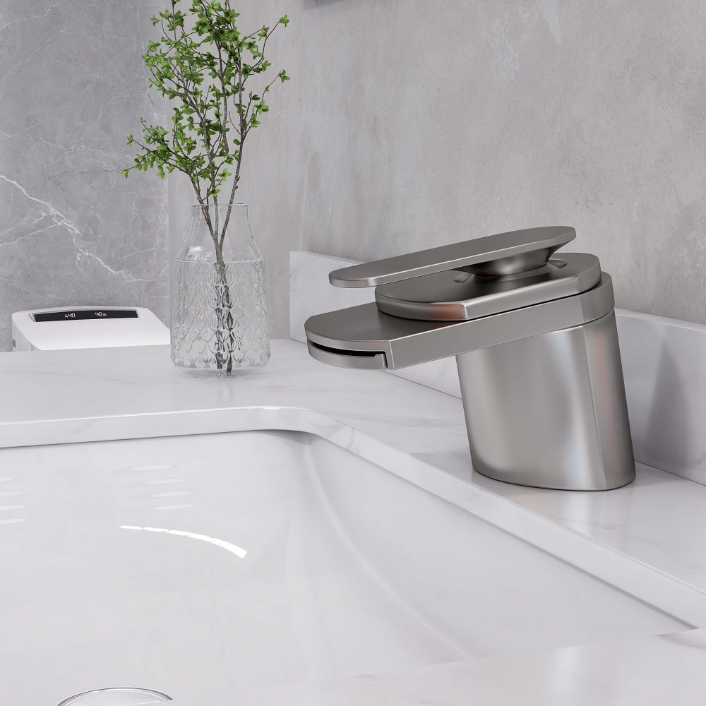 HMR - Modern 1-Hole Waterfall Bathroom Sink Faucet in Brushed Nickel and Solid Brass