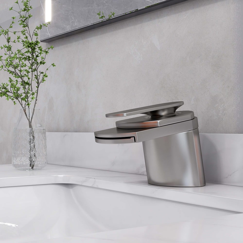 HMR - Modern 1-Hole Waterfall Bathroom Sink Faucet in Brushed Nickel and Solid Brass