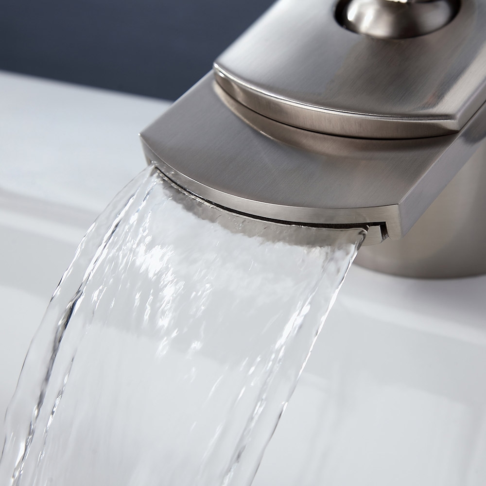 HMR - Modern 1-Hole Waterfall Bathroom Sink Faucet in Brushed Nickel and Solid Brass
