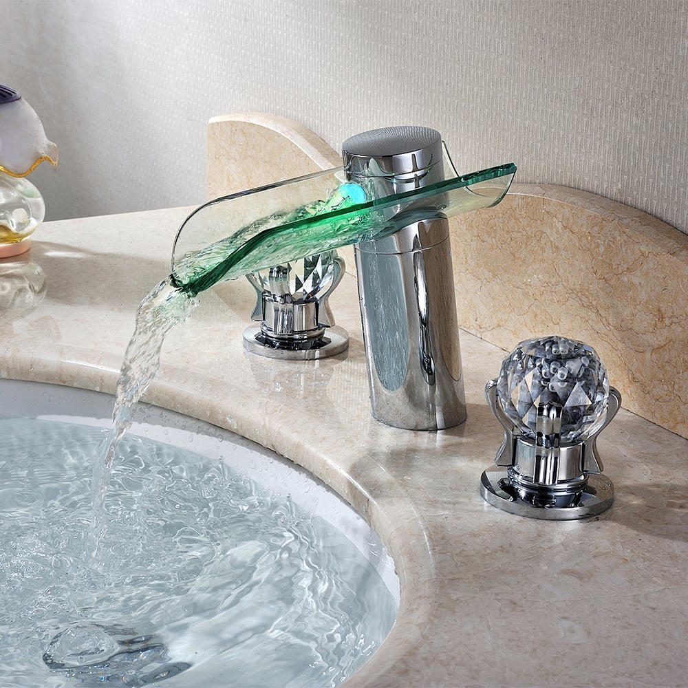 HMR - Morga LED Waterfall Bathroom Widespread Sink Faucet with Crystal Handles in Chrome