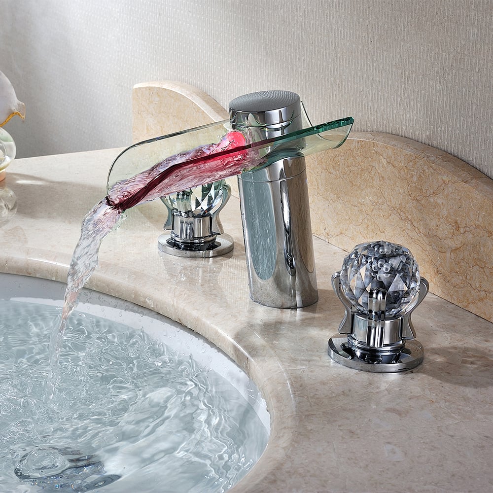 HMR - Morga LED Waterfall Bathroom Widespread Sink Faucet with Crystal Handles in Chrome