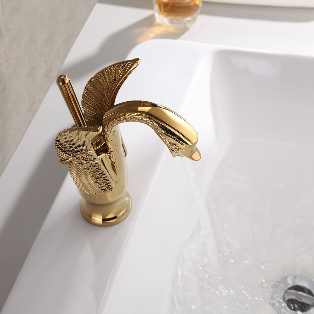 HMR - Solid Brass Bathroom Sink Faucet with one Hole Swan Classic Style in Gold