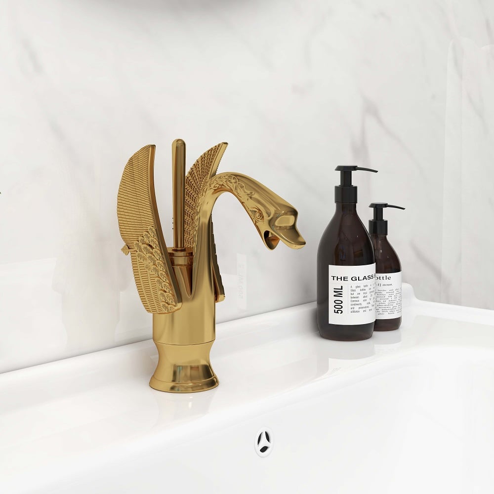 HMR - Solid Brass Bathroom Sink Faucet with one Hole Swan Classic Style in Gold