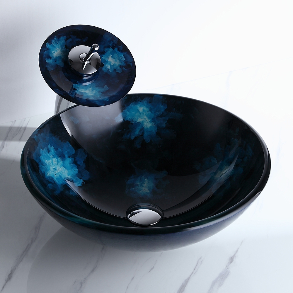 HMR - Circular Vessel Sink Faucet Pop-Up Drain in Dark Blue, Tempered Glass