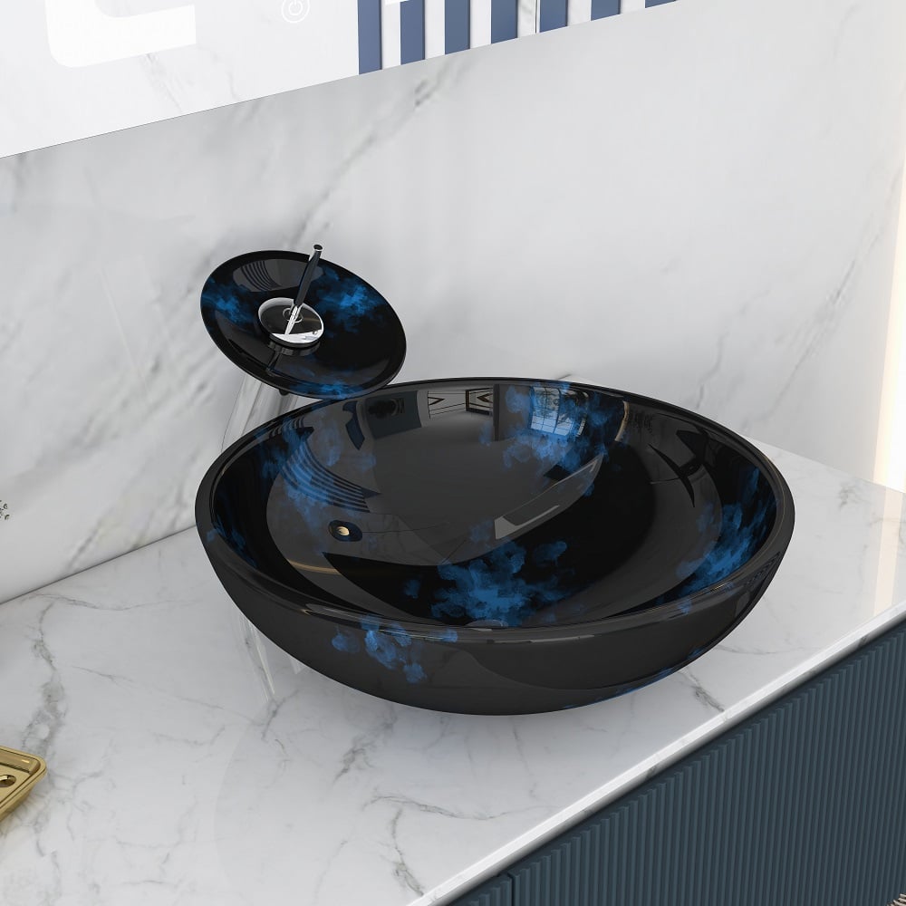 HMR - Circular Vessel Sink Faucet Pop-Up Drain in Dark Blue, Tempered Glass