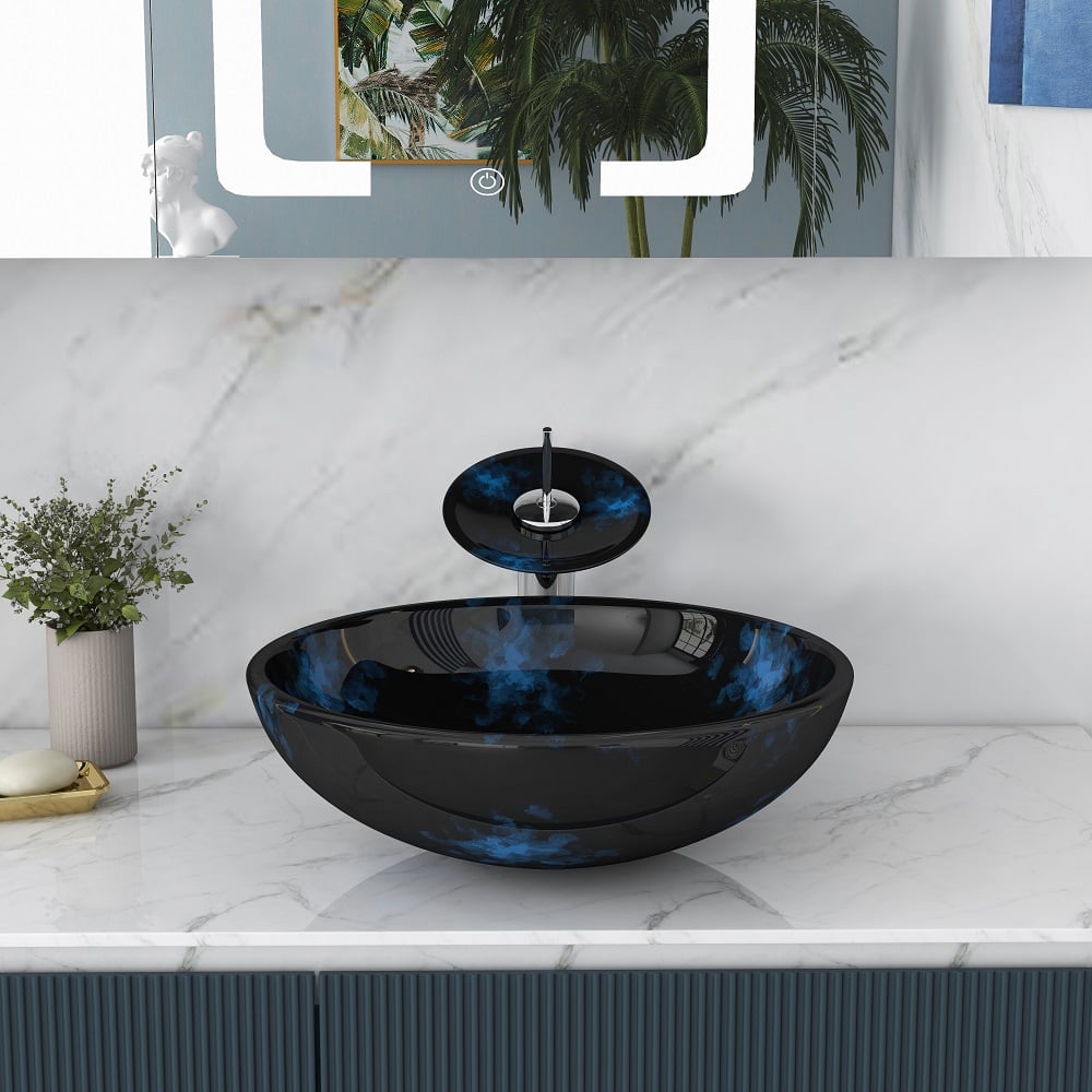 HMR - Circular Vessel Sink Faucet Pop-Up Drain in Dark Blue, Tempered Glass