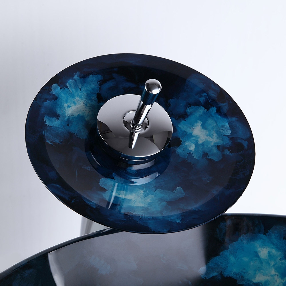 HMR - Circular Vessel Sink Faucet Pop-Up Drain in Dark Blue, Tempered Glass