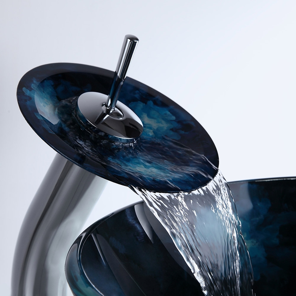 HMR - Circular Vessel Sink Faucet Pop-Up Drain in Dark Blue, Tempered Glass