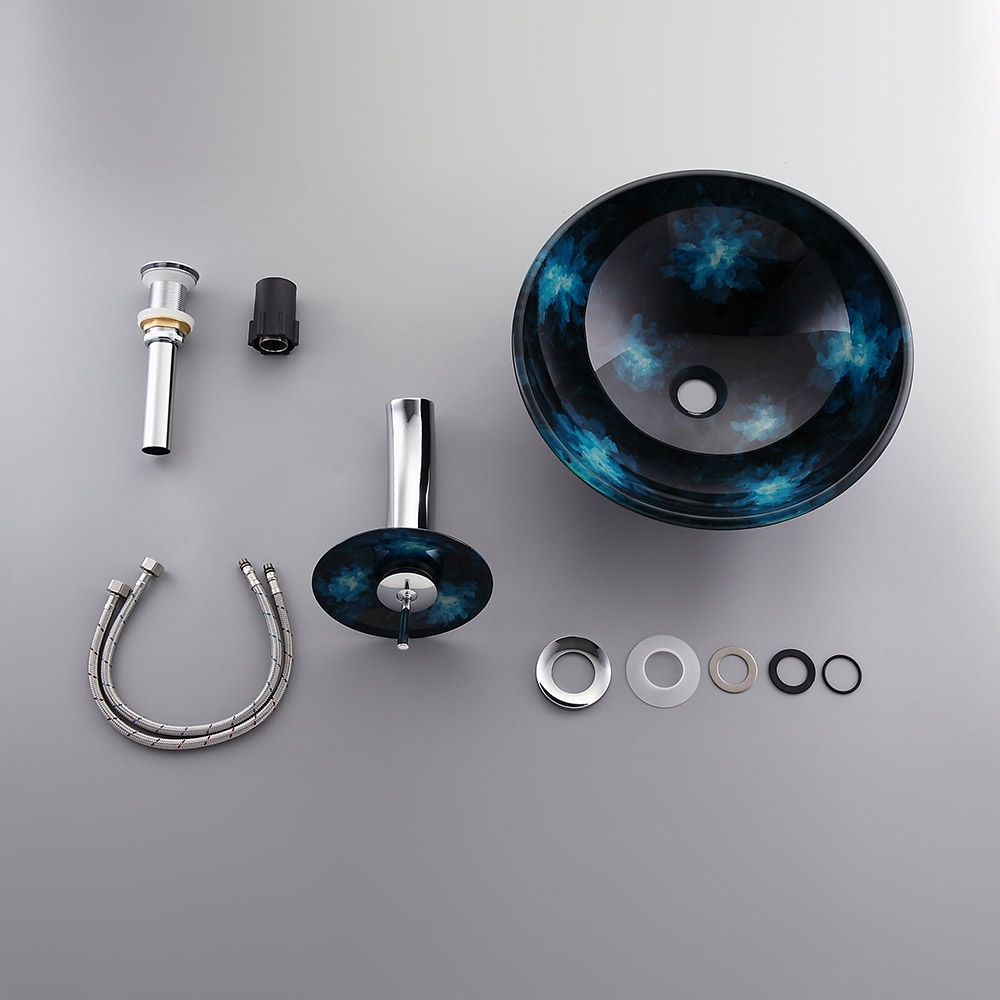 HMR - Circular Vessel Sink Faucet Pop-Up Drain in Dark Blue, Tempered Glass