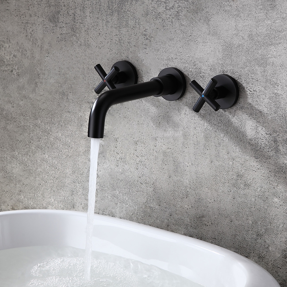 HMR - Melro Wall Mounted Cross Handles Sink Faucet in Matte Black, Brass